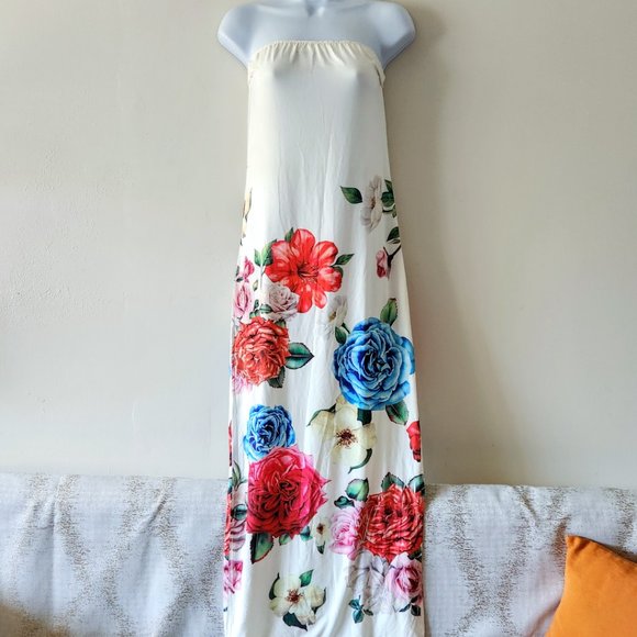 NWOT WHITE WITH FLOWERS MAXI STRAPLESS JERSEY DRESS  sz  M/L - Picture 2 of 6